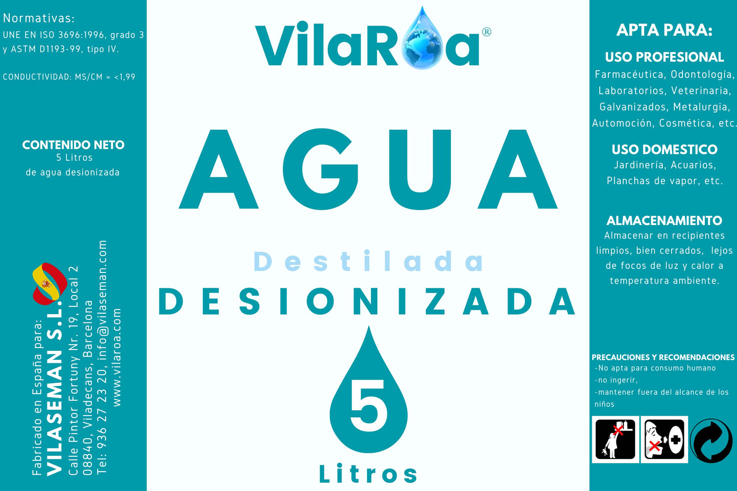 VILAROA Agua desionizada desmineralizada 5L (3×5L) - apta para autoclaves, CPAP, planchas, baterías, laboratorio