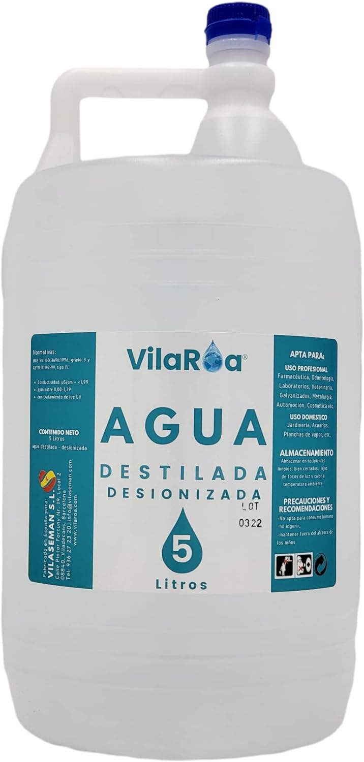 3 X Vilaroa Agua Destilada Desionizada, 5 litros, Apto para CPAP, Autoclaves y Múltiples Usos