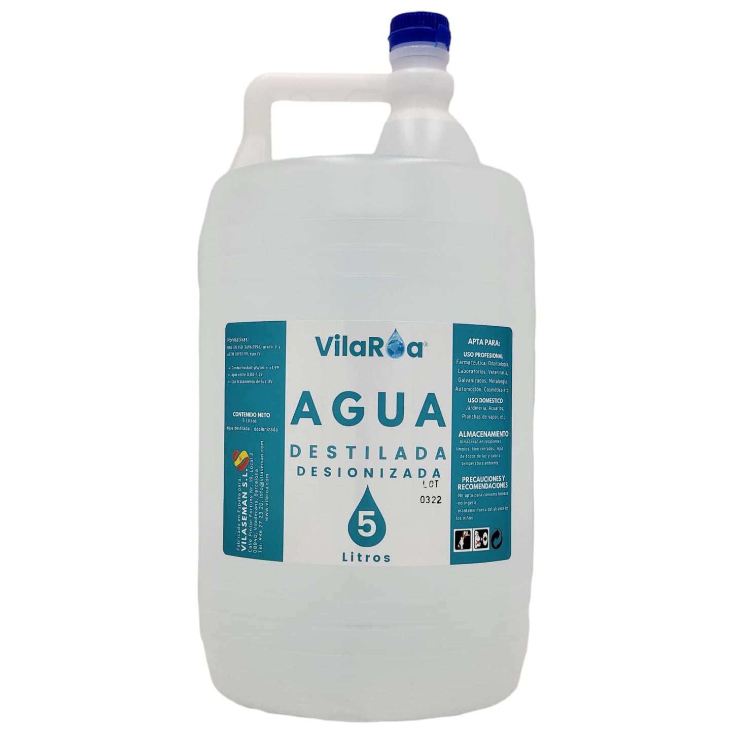 VILAROA Agua desionizada desmineralizada 5L (3×5L) - apta para autoclaves, CPAP, planchas, baterías, laboratorio