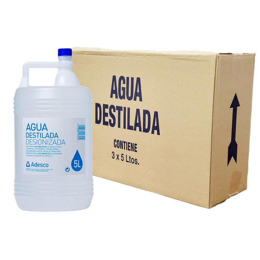 ADESCO Agua desionizada 3×5 L – apta para CPAP, autoclaves, planchas, baterías, plantas y limpieza técnica