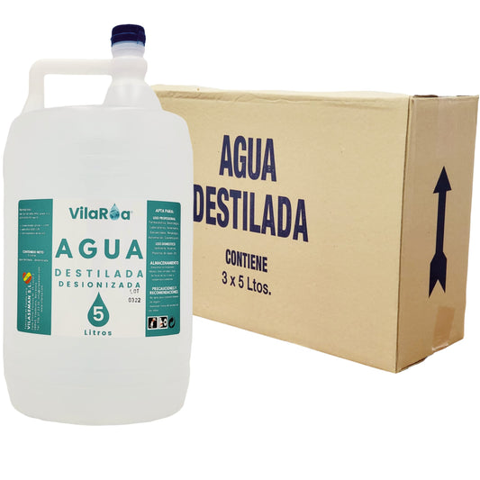 VILAROA Agua desionizada desmineralizada 5L (3×5L) - apta para autoclaves, CPAP, planchas, baterías, laboratorio