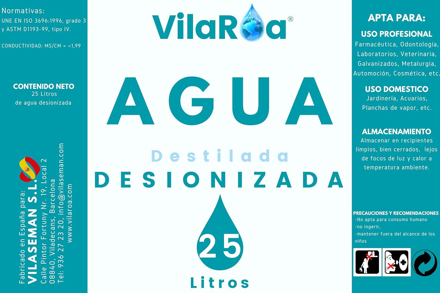 VILAROA Agua desionizada desmineralizada 25L - apta para autoclaves, CPAP, laboratorios, clínicas, planchas, humidificadores y baterías
