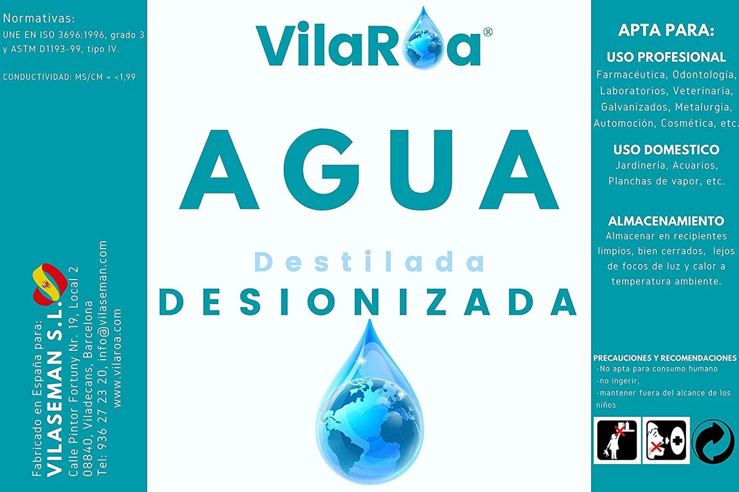 VILAROA Agua desionizada desmineralizada 5L (3×5L) - apta para autoclaves, CPAP, planchas, baterías, laboratorio