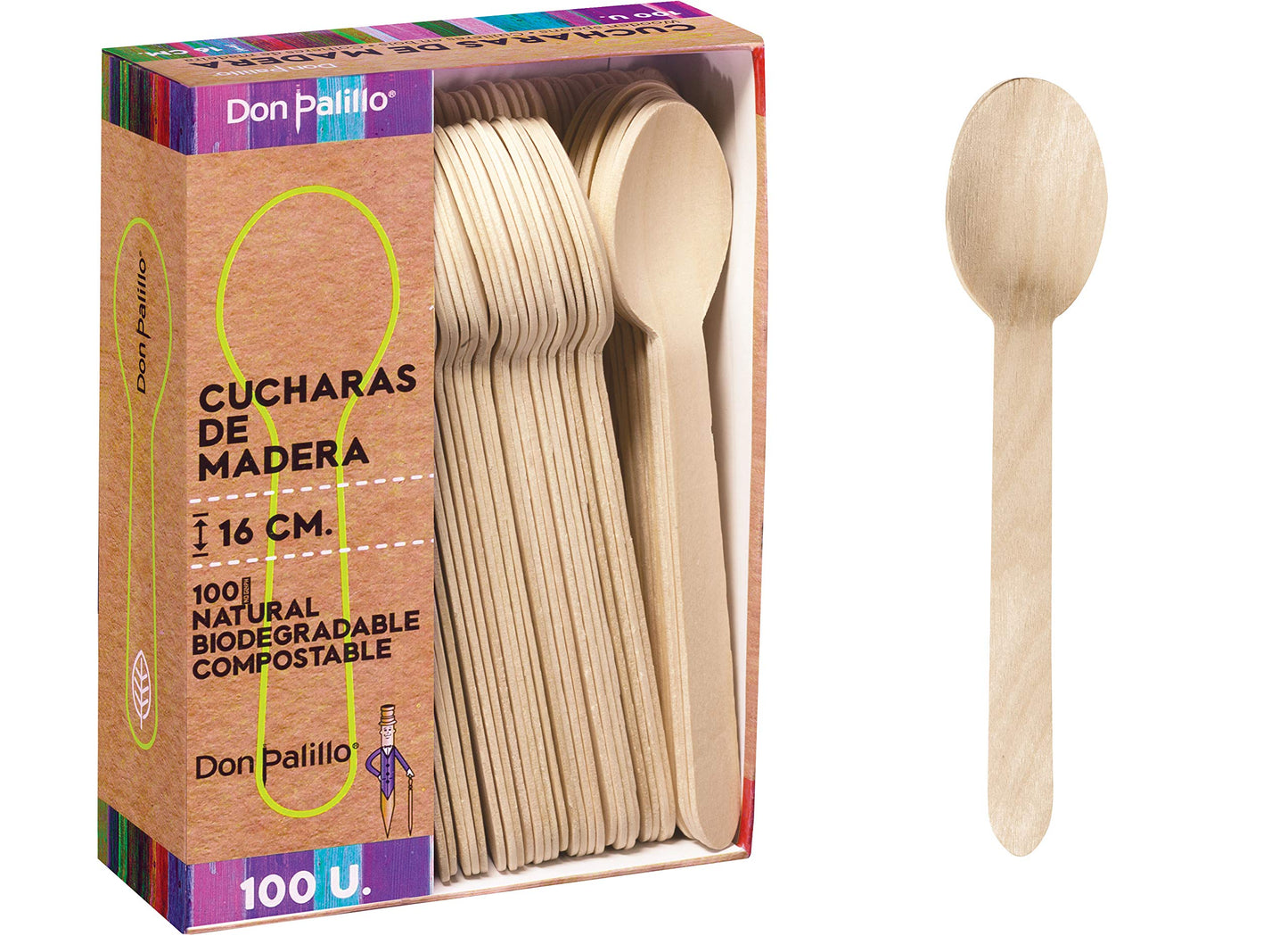 DON PALILLO – 100 cucharas de madera de 16 cm – 100 % naturales, ecológicas y biodegradables