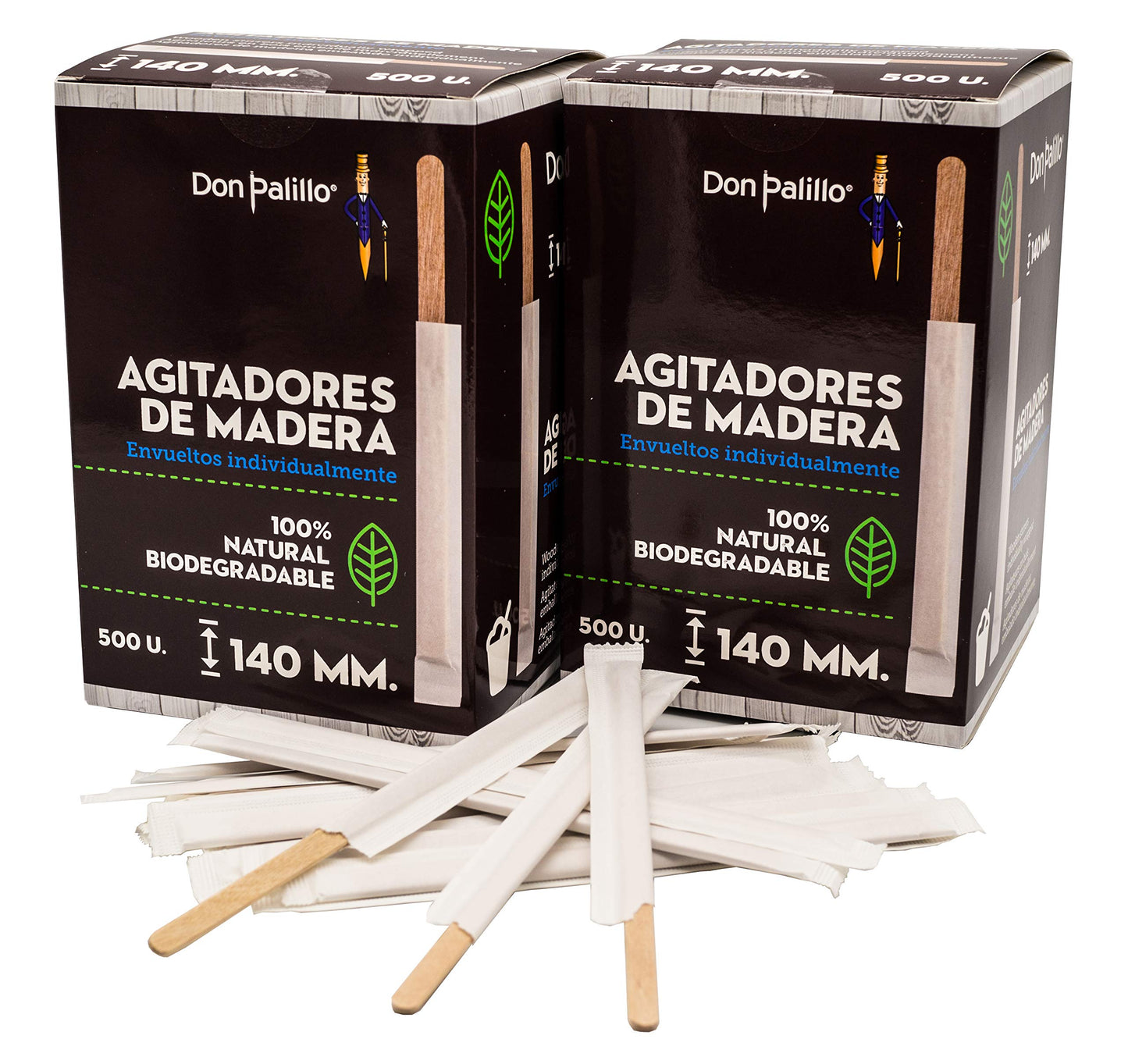 DON PALILLO – 1000 agitadores de café de madera de 14 cm – envueltos individualmente – ideales para café, cócteles y bebidas refrescantes