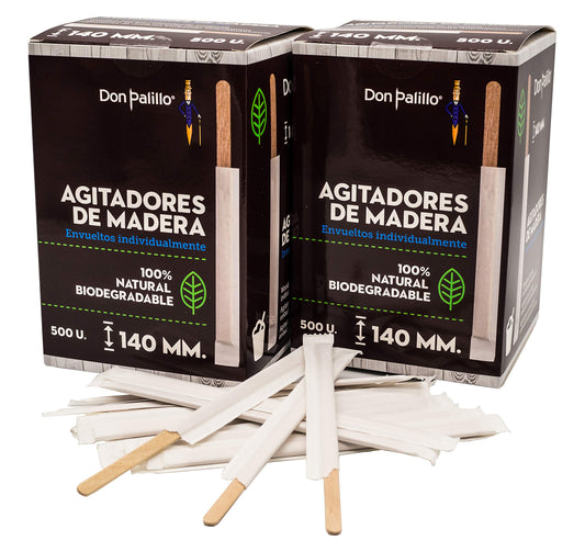 DON PALILLO – 1000 agitadores de café de madera de 14 cm – envueltos individualmente – ideales para café, cócteles y bebidas refrescantes